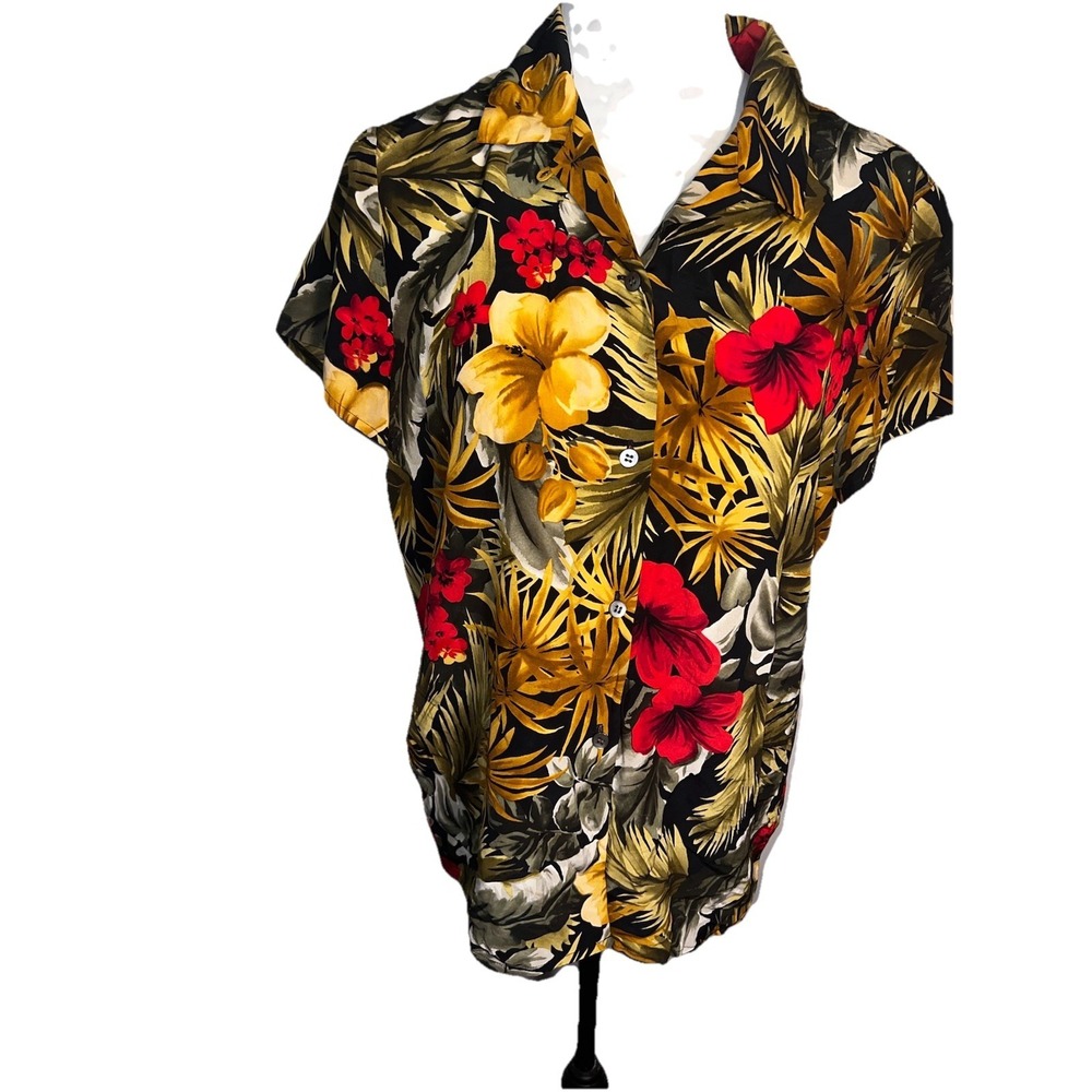 Liz‎ Claiborne Size 8 Floral Hawaiian Blouse Top Silk Button Down Summer Casual